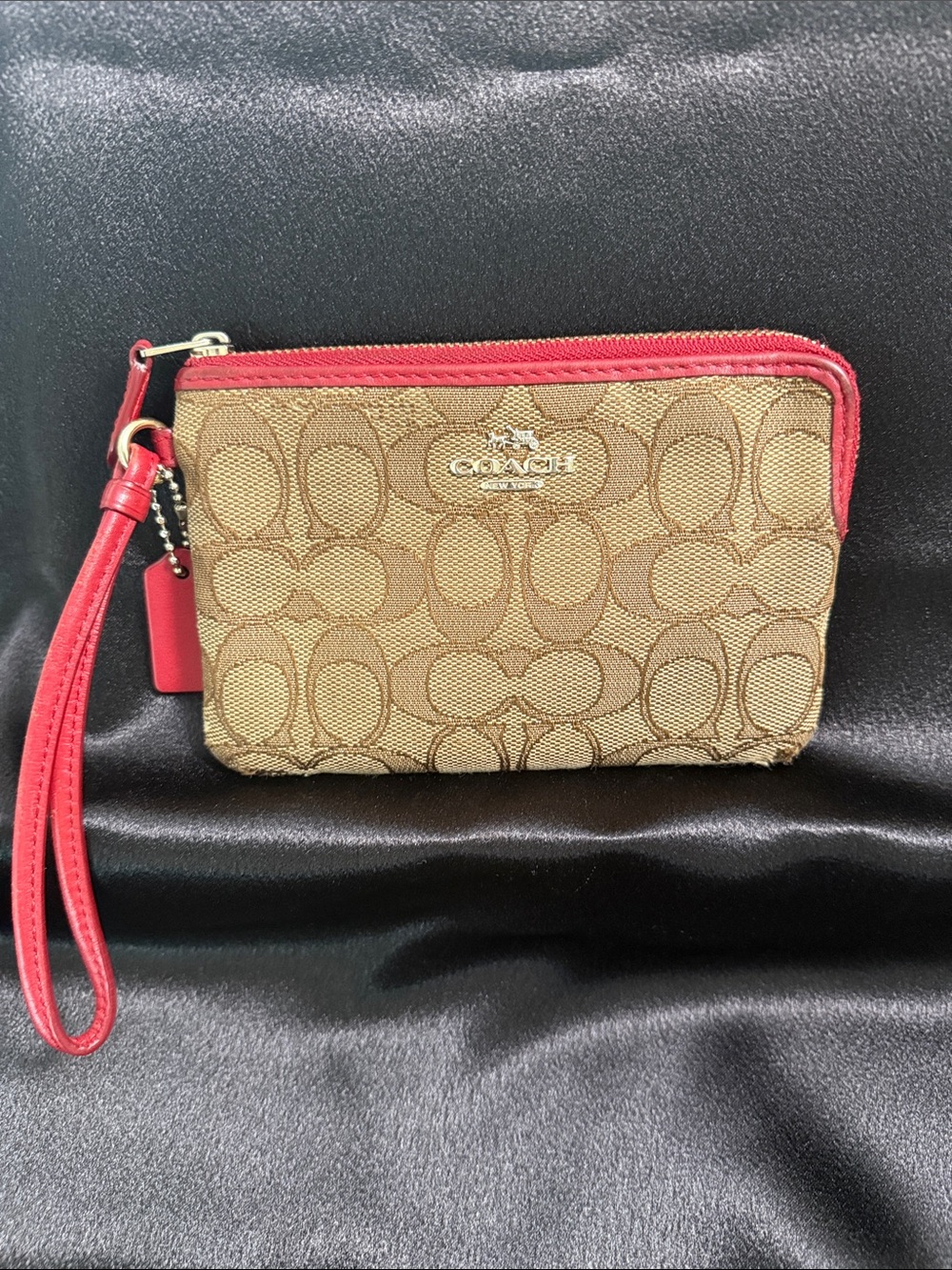 Coach Khaki Signature Canvas Wristlet with Red Trim and Strap